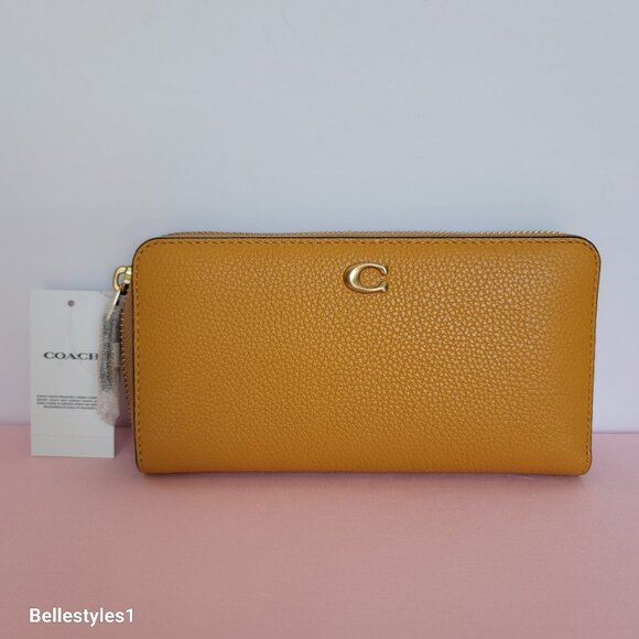 COACH Pebble Leather Zip-Around Accordion Wallet with Back-Slip Pocket-Buttercup - Picture 6 of 16